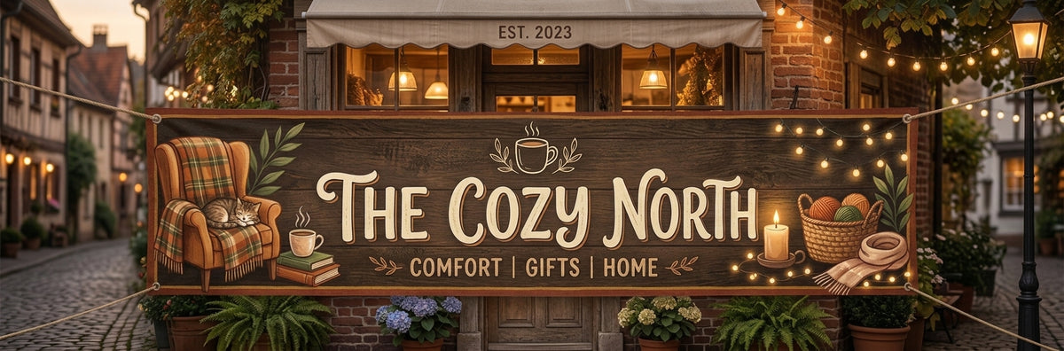 The Cozy North storefront banner: Comfort, Gifts, Home